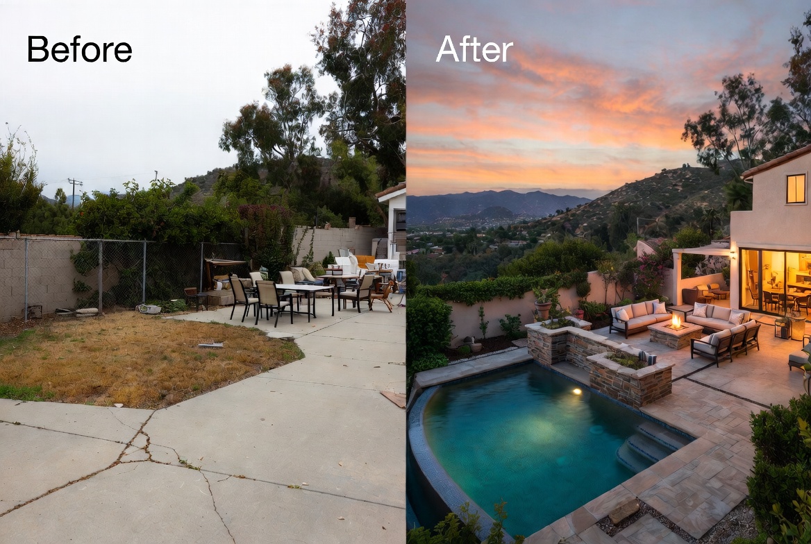 Event space with twilight pool and firepit staging