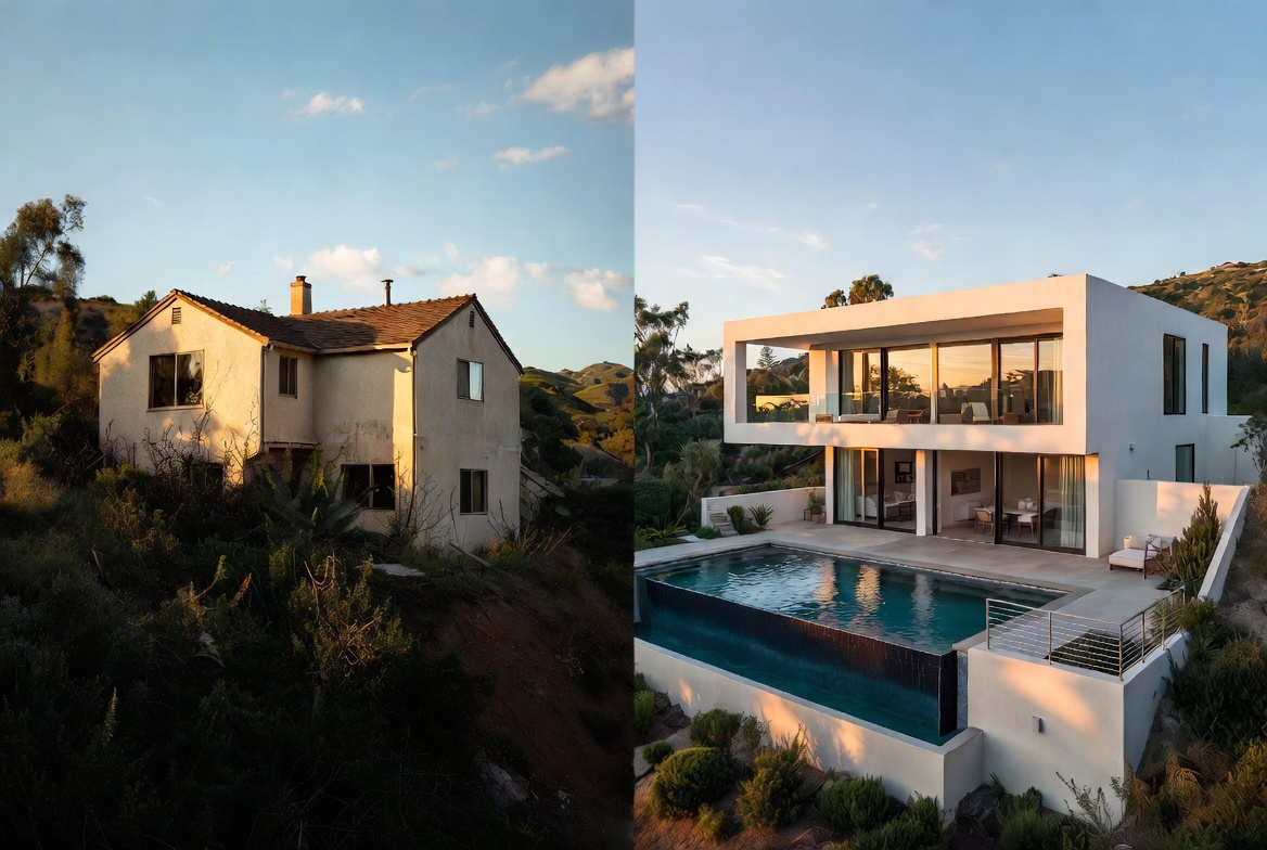 Exterior renovation: dated stucco transformed into modern white hillside box home