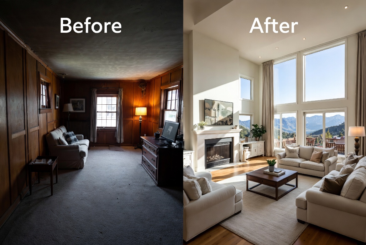Living room renovation: dark wood-paneled room transformed into bright modern great room with mountain views
